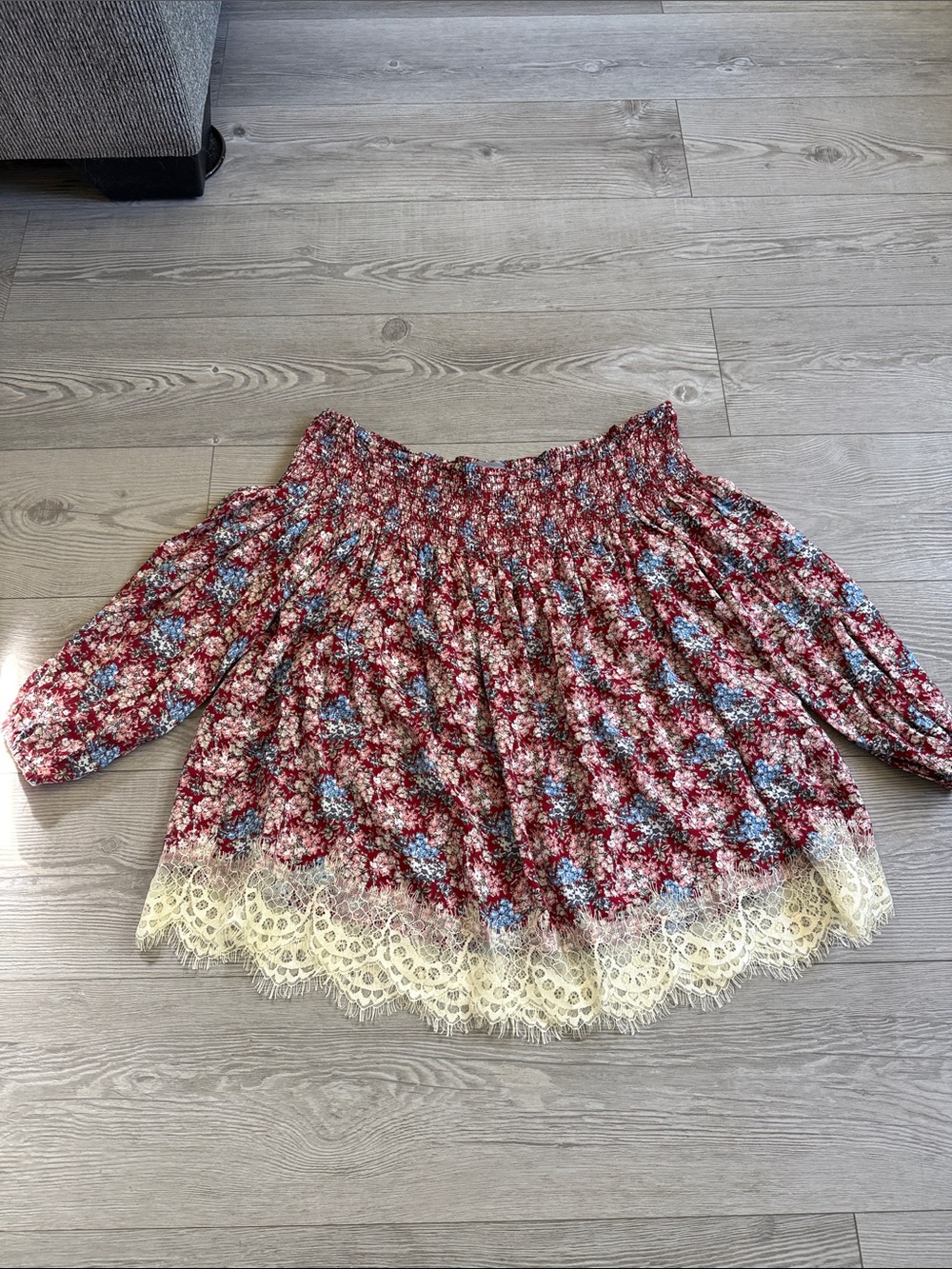 Floral Off-Shoulder Blouse with Lace Hem - Red